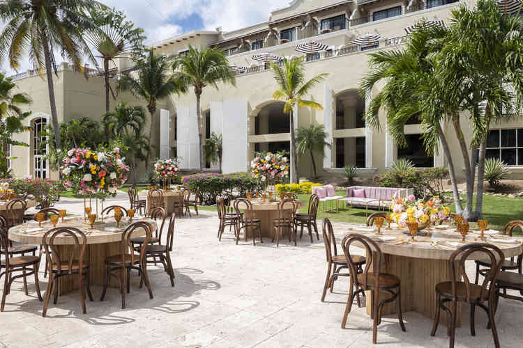 reception area setup outdoors at mexico destination wedding hotel