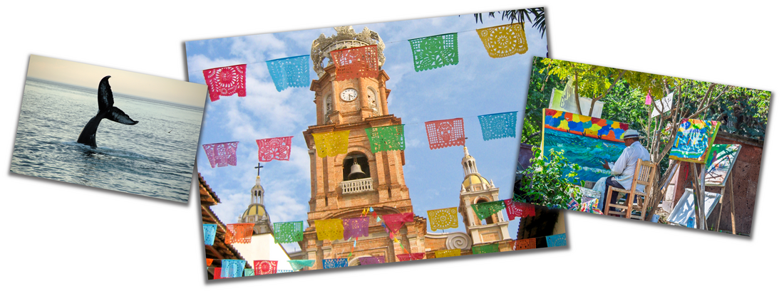 Puerto Vallarta whale watching, historic architecture, and local art collage
